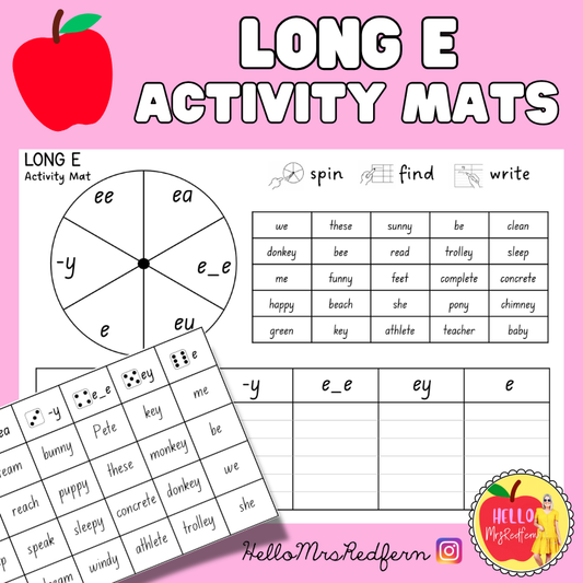 Long E Phonics Activity Mats | Spin, Find & Write Mat (ee, ea, e_e, -y, ey, e)